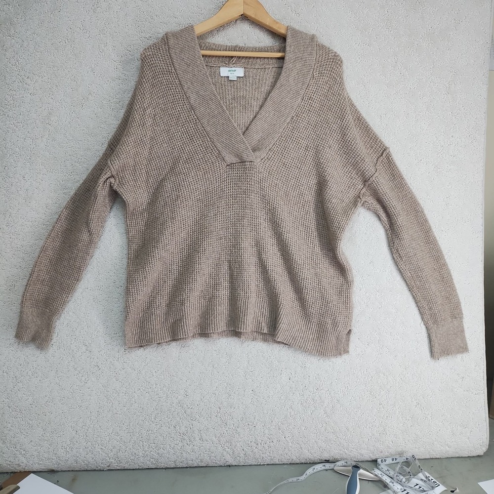Aerie Sweater Womens XS Hooded Waffle Knit V-Neck Pullover Cozy Taupe Beige